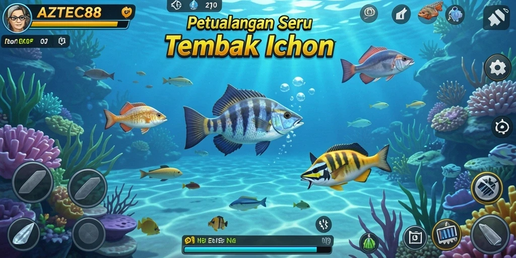 Screenshot gameplay AZTEC88 dengan momen menangkap ikan besar.