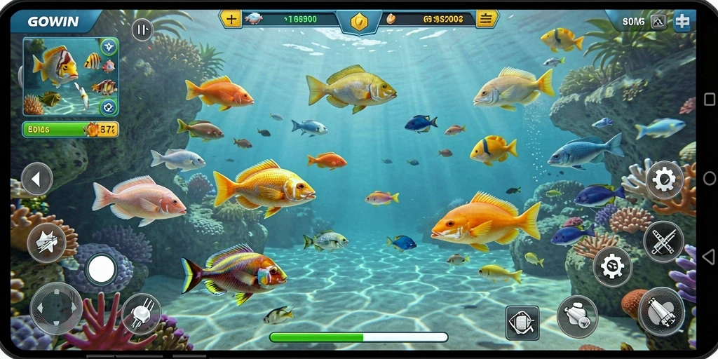 Screenshot utama GOWIN menampilkan gameplay Tembak Ikan yang seru dan penuh warna.