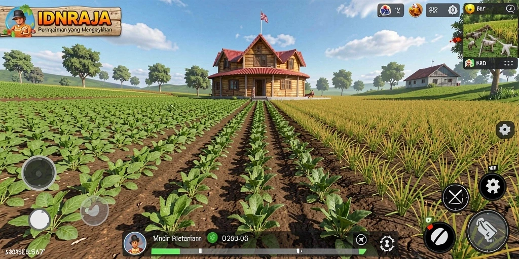 Screenshot gameplay IDNRAJA menampilkan aktivitas bertani yang penuh warna.