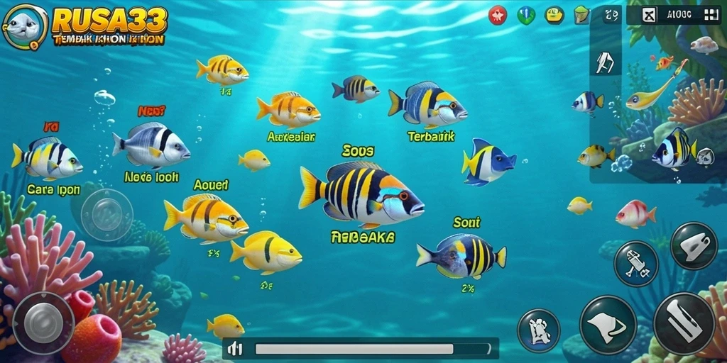 Tampilan gameplay RUSA33 dengan ikan berwarna-warni dan efek tembakan.
