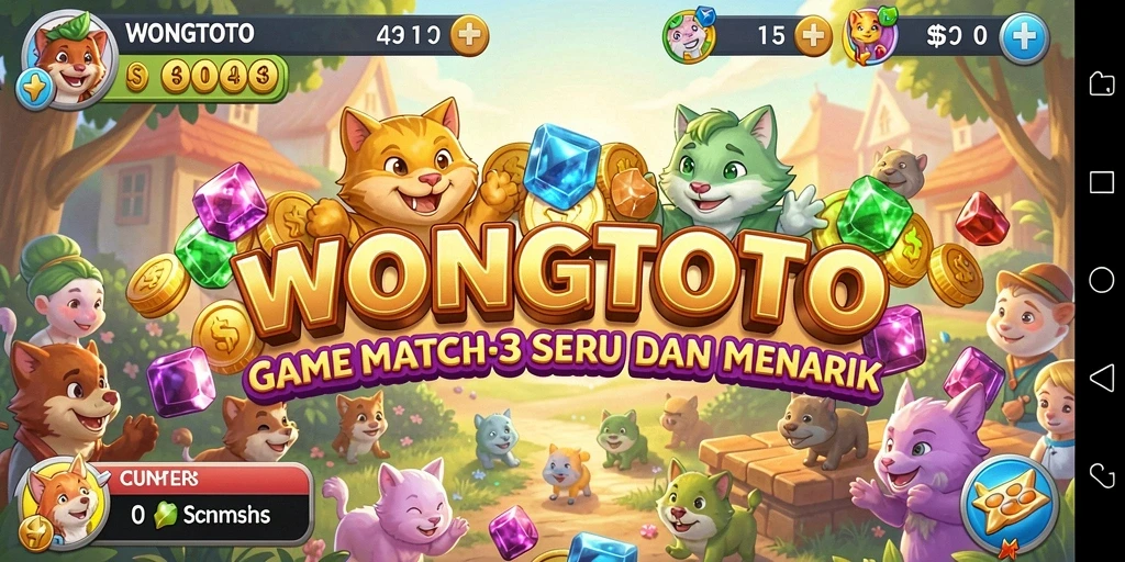 Screenshot utama WONGTOTO menampilkan anak-anak permainan Match-3 yang seru.